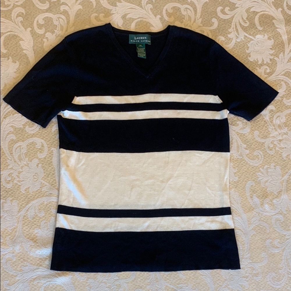 Ralph Lauren 100% Spun Silk Dark and cream striped Knit Sweater